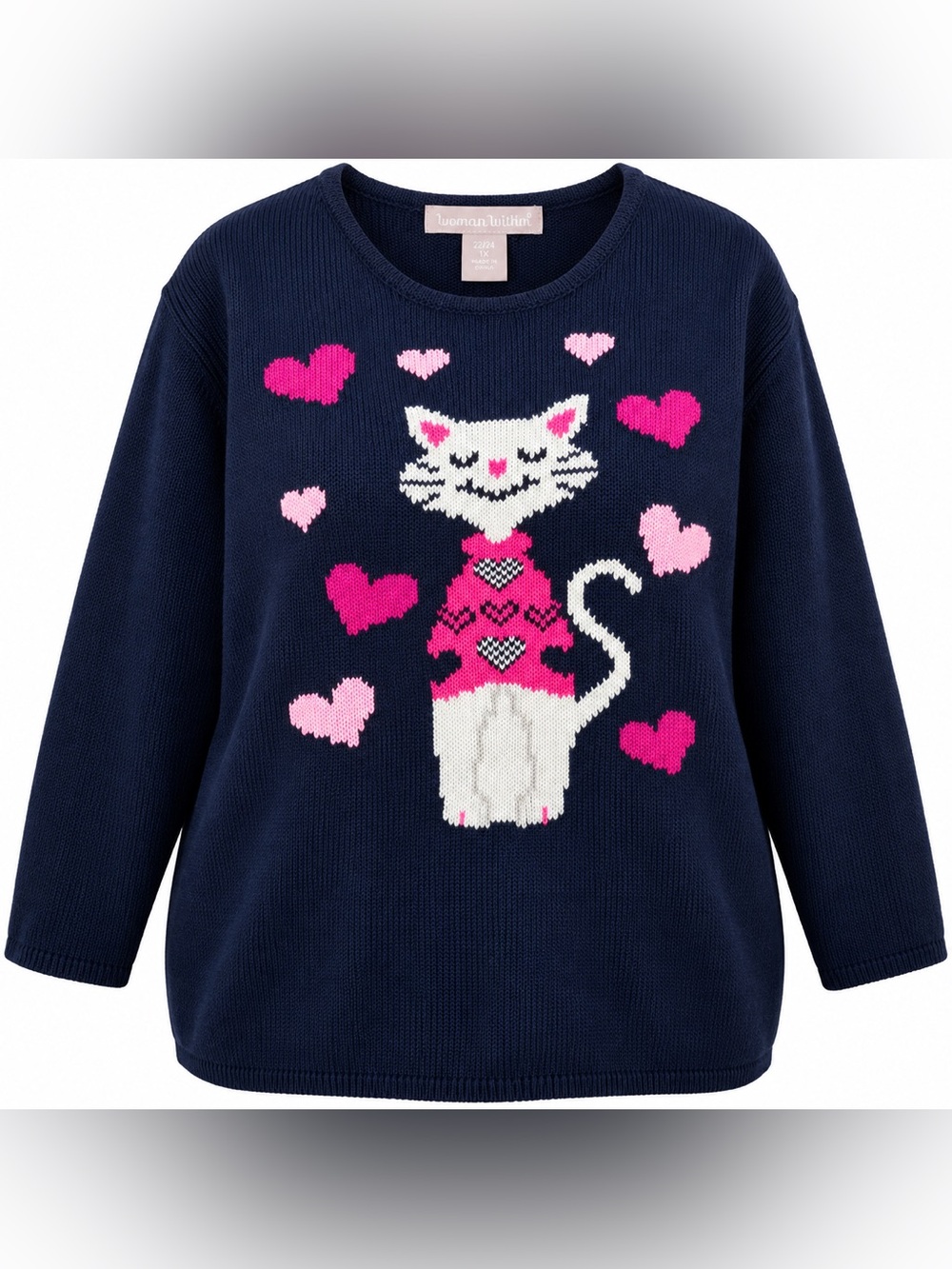 Woman Within Navy Sweater with Pink Heart Cat Motif